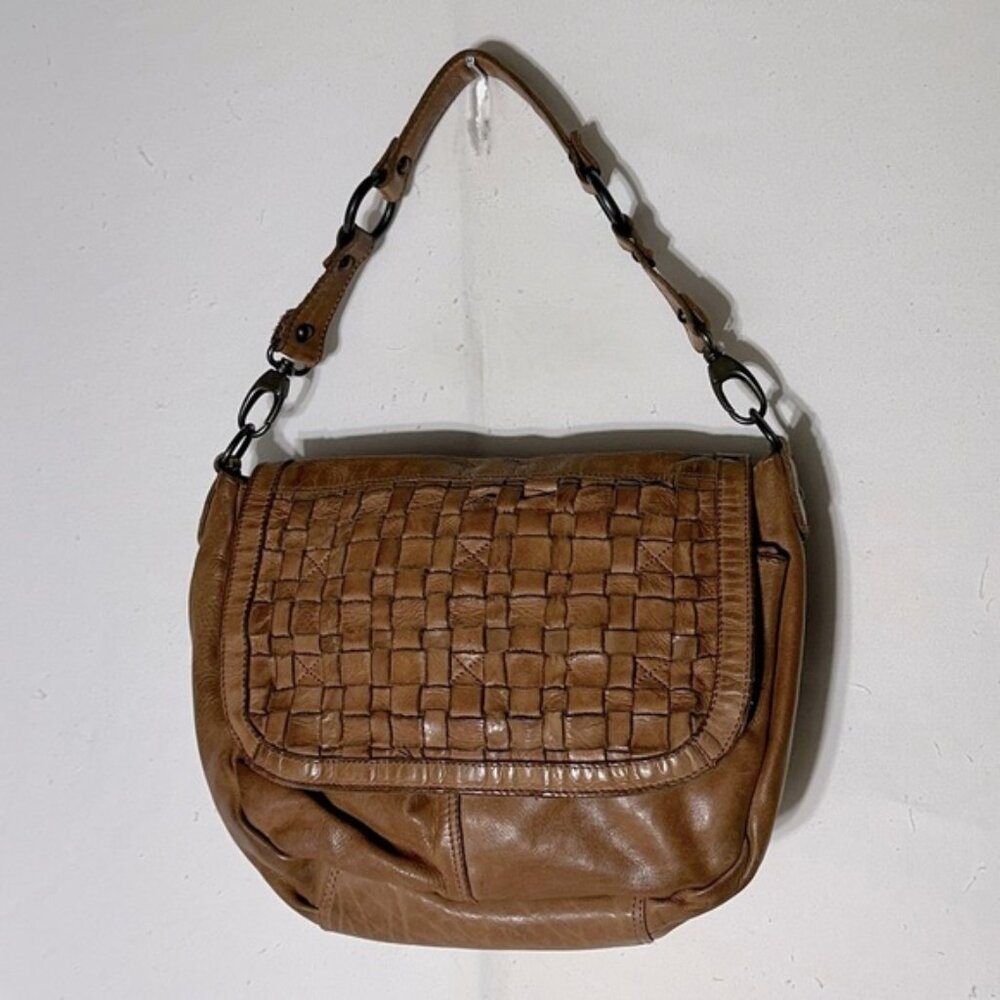 Vera Pelle Brown Leather Shoulder Bag Hand Bag Purse With Woven Details